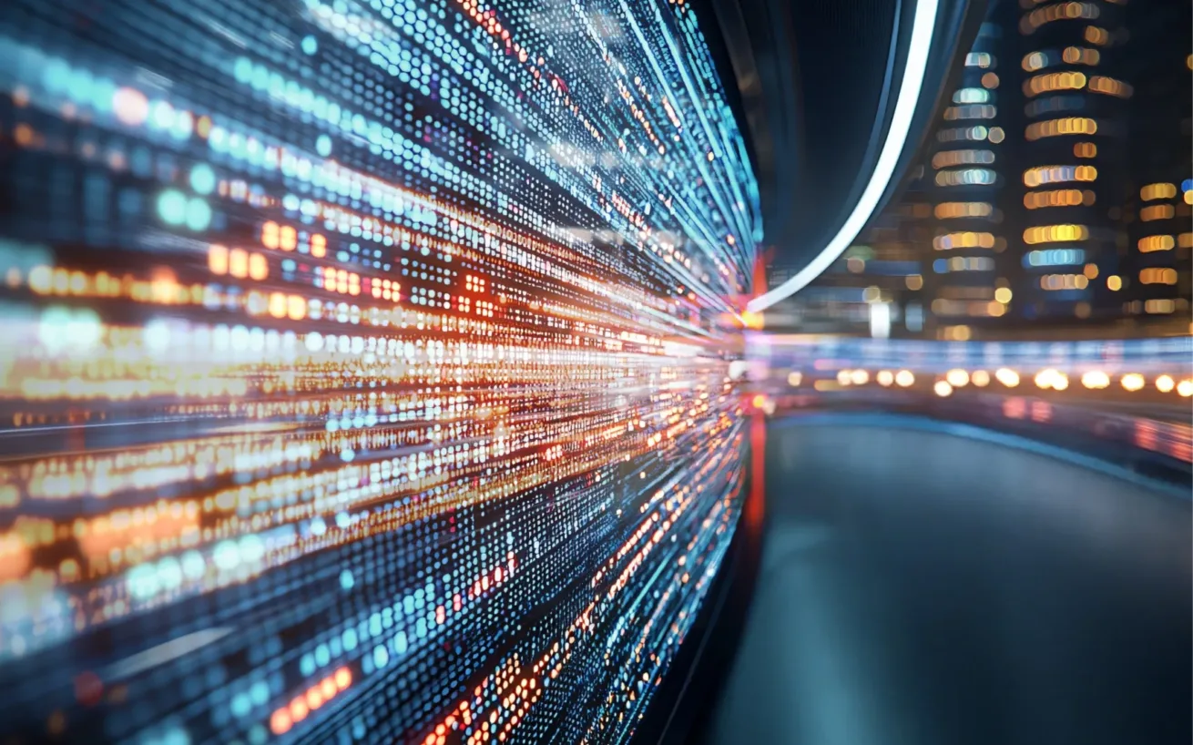 Dynamic data stream over a blurred city skyline