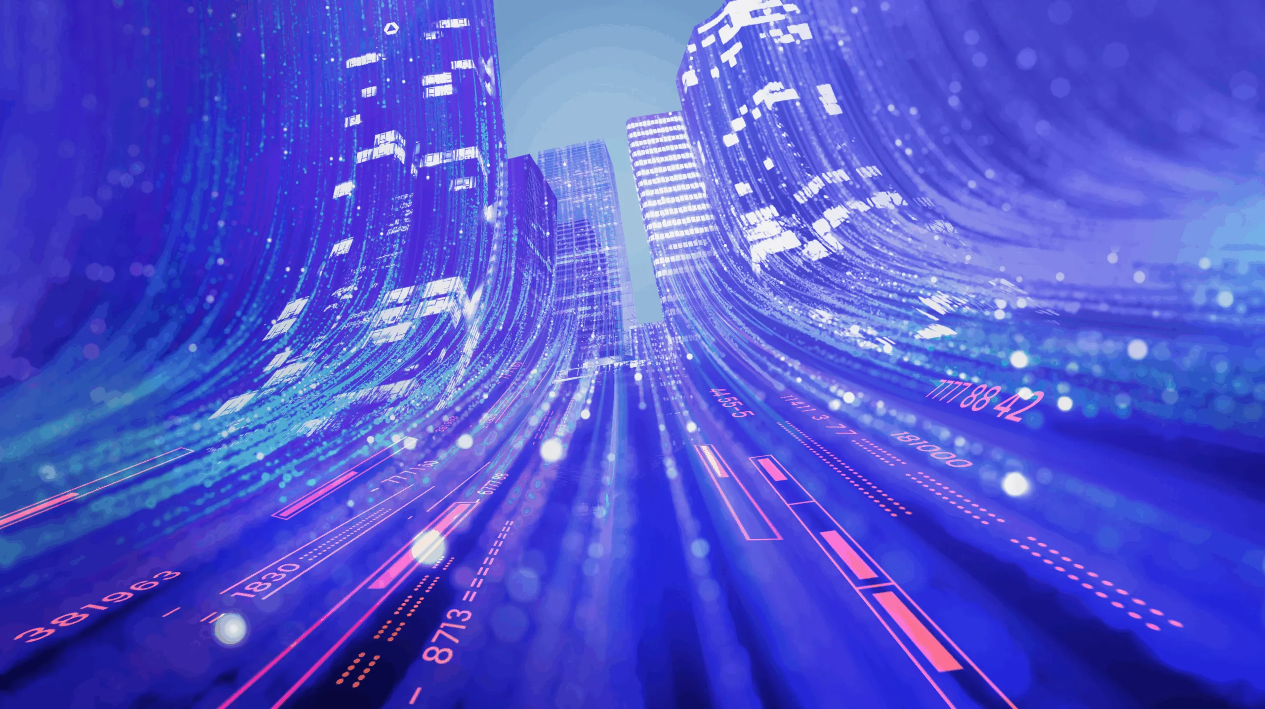 Abstract data streams and code flowing from both sides into a central gap, converging into a futuristic city skyline – symbolizing digital transformation and system integration.