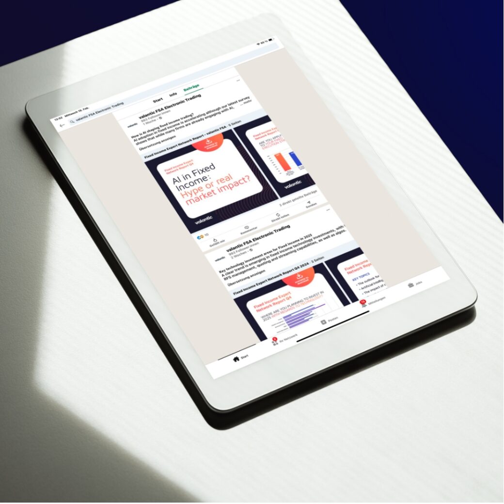 White tablet showing the Electronic Trading Linkedin page and postings.