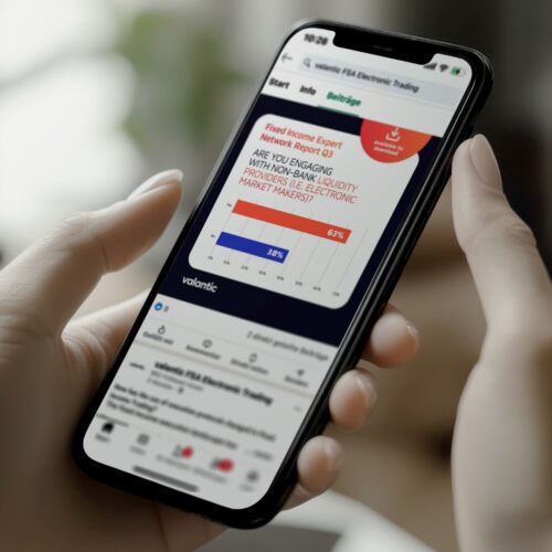 A woman holding a mobile phone displaying an Electronic Trading LinkedIn post.