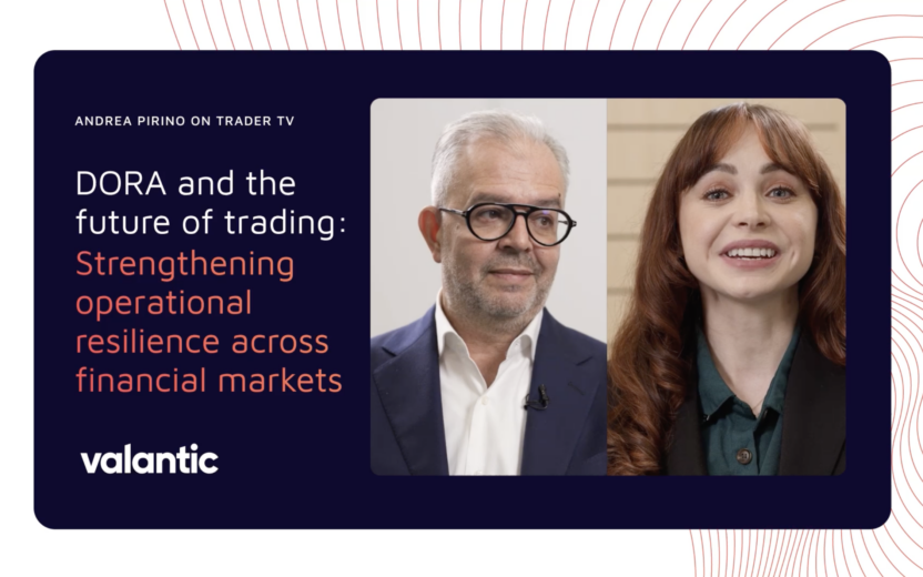 Split screen showing Andrea Pirino, Head of Solutions Electronic Trading and Jo Gallagher from TraderTV