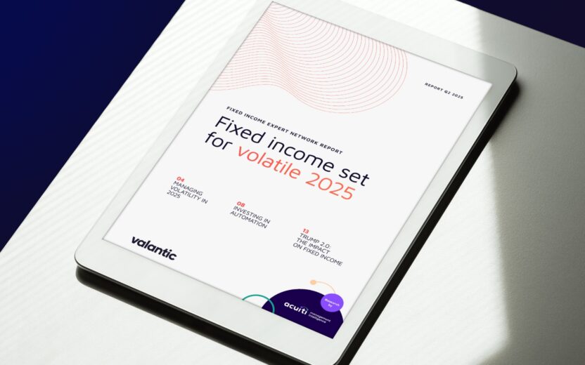 White tablet showing the title page of the Q2 2025 Fixed Income Expert Network Report "Fixed income set for volatile 2025", positioned on a white table with natural light and shadow.