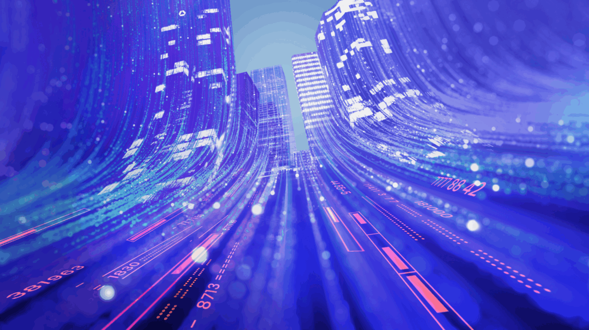 Abstract data streams and code flowing from both sides into a central gap, converging into a futuristic city skyline – symbolizing digital transformation and system integration.