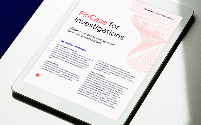 White tablet showing the title page of the FinCase for Investigations factsheet, positioned on a white table with natural light and shadow