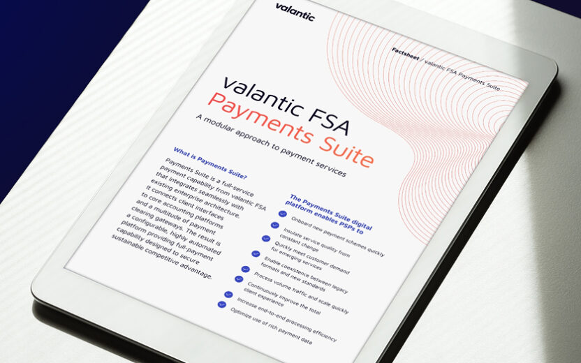 White tablet showing the title page of the factsheet for the valantic FSA Payments Suite, positioned on a white table with natural light and shadow.